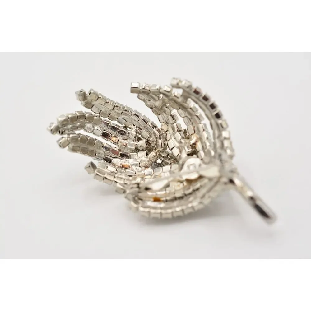 Vintage Crystal 3D Leaf Pin Brooch Baguette Prong Rhinestone Silver 1960s BinAL